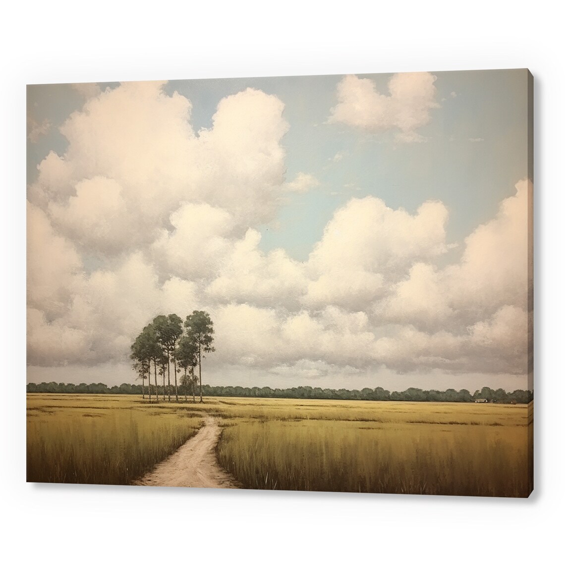 Country Dirt Road Golden Grassland Big Clouds Blue Sky Vintage Poster