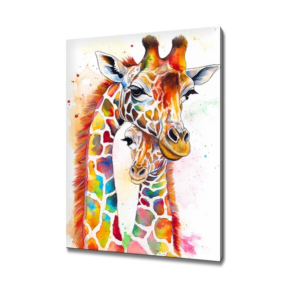 Mother Baby Giraffe Watercolor Rainbow Spots Tender Safari Wall Art Poster