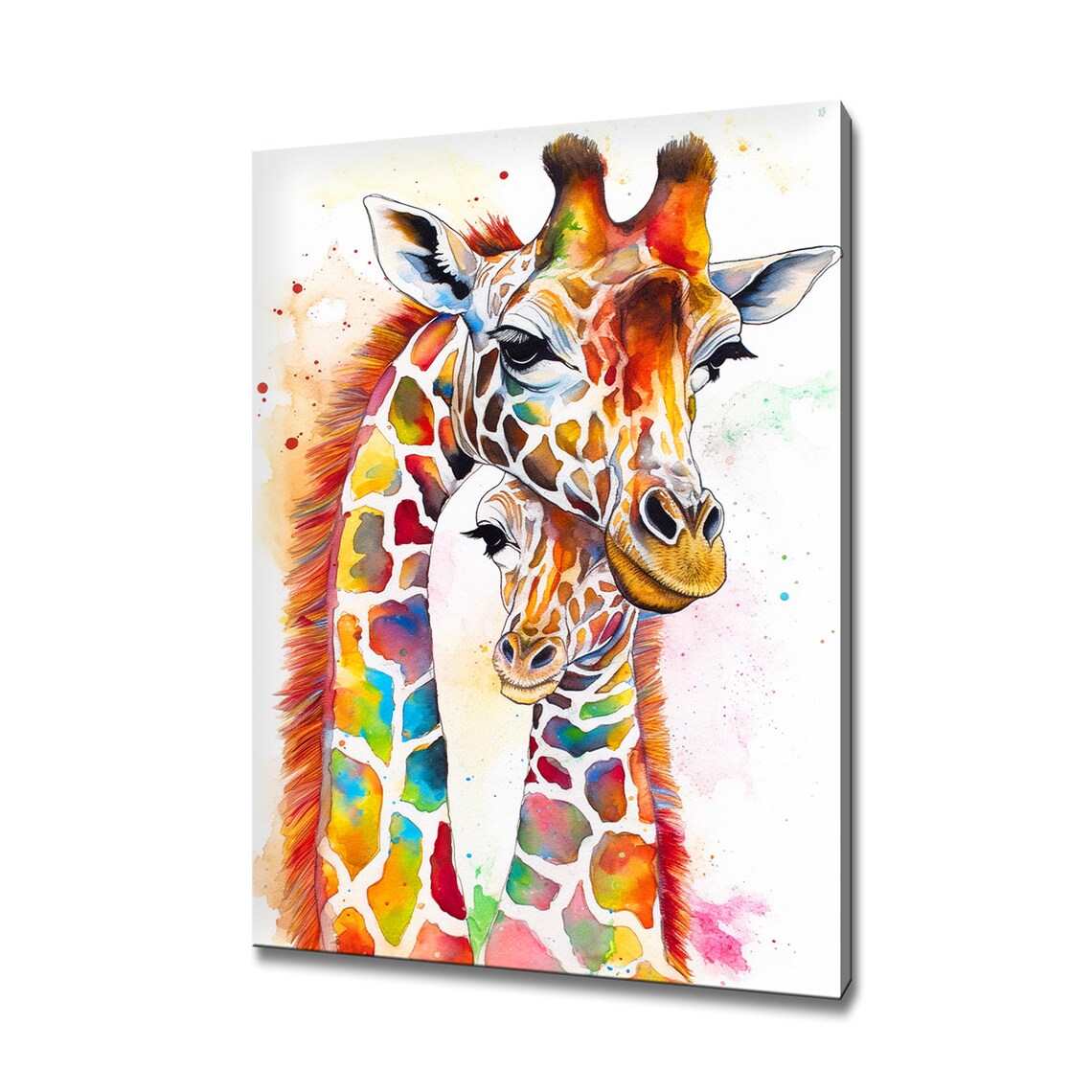 Mother Baby Giraffe Watercolor Rainbow Spots Tender Safari Wall Art Poster