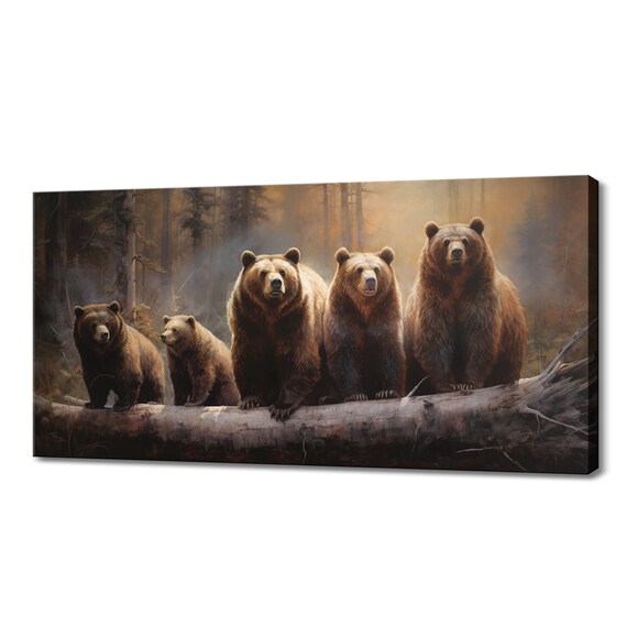 Brown Bear Family Five Bears Fallen Log Misty Forest Wildlife Painting Poster