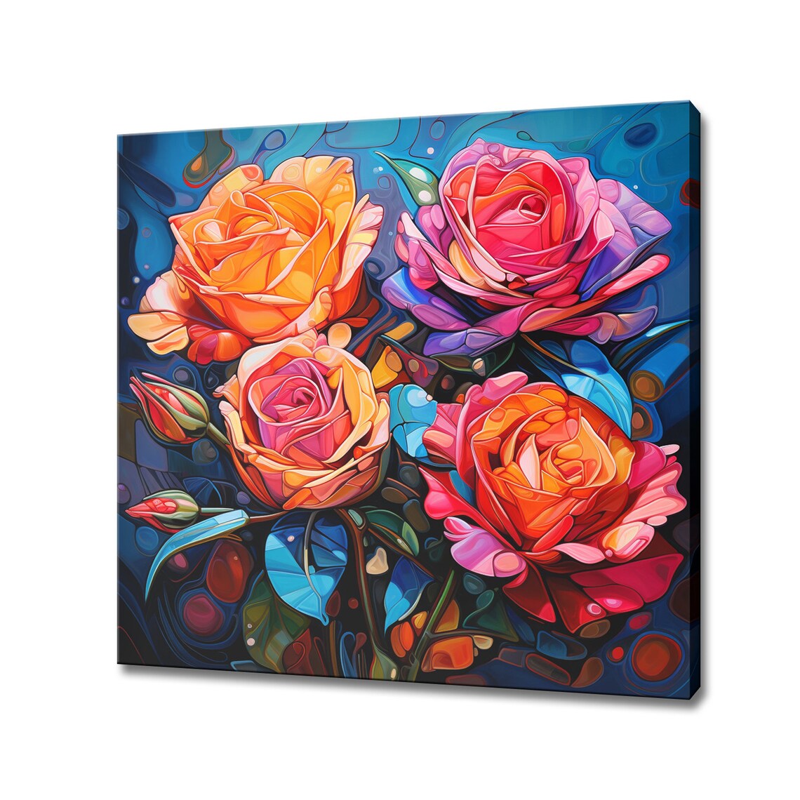 Four Roses Bouquet Orange Pink Stained Glass Style Floral Wall Poster