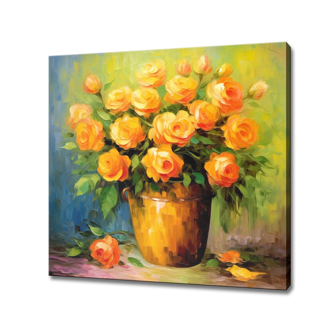Vase Of Yellow Orange Roses Flowers Oil Painting Style Print Art Wall Hanging Living Room Decor Modern Design Floral Art Print