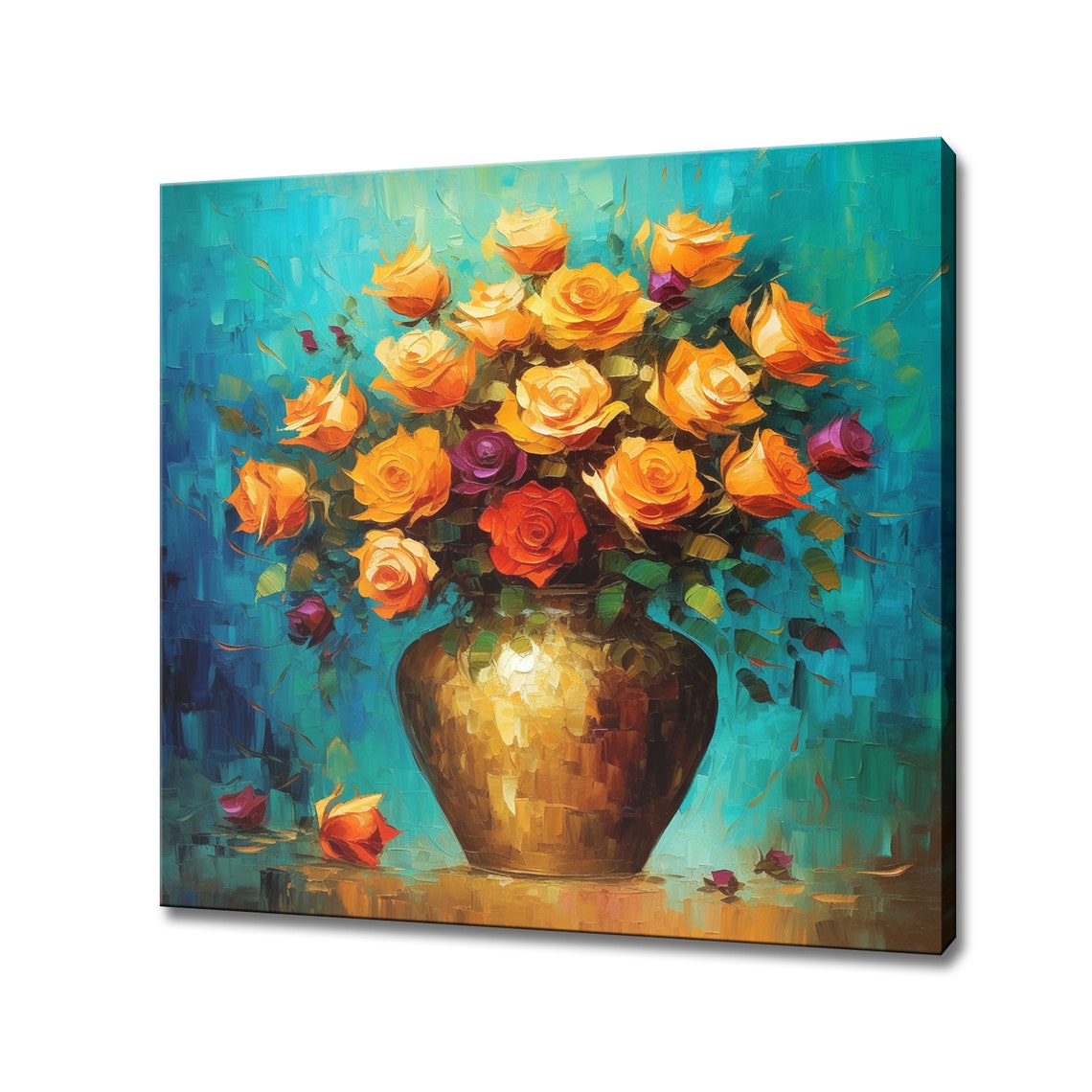 Yellow Orange Roses Flowers In Vase Oil Painting Style Print Art Wall Hanging Living Room Decor Modern Design Floral Art Print