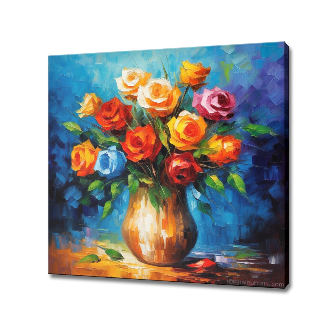 Colorful Roses Bouquet Glass Vase Vivid Blue Impasto Floral Oil Poster