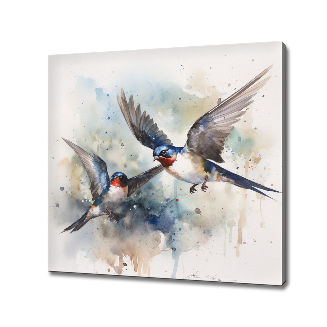 Delicate Barn Swallows Flying Watercolor Blue Bird Pair Print