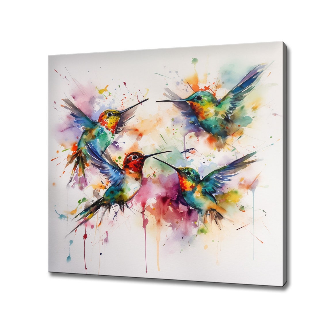 Hummingbird Quartet Watercolor Splash Ruby Throat Birds Art Poster