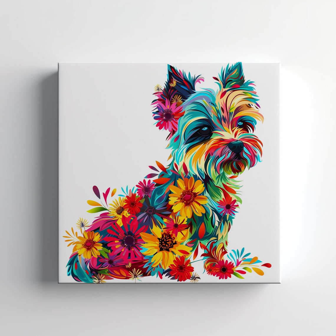 Yorkshire Terrier Floral Art Colourful Flower Dog Wall Poster