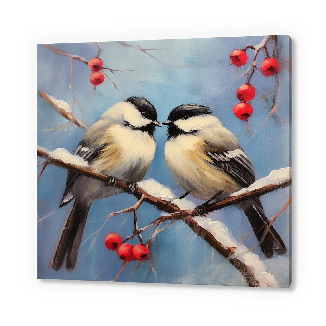 Two Chickadees On Snowy Berry Branch Winter Oil Painting Bird Poster