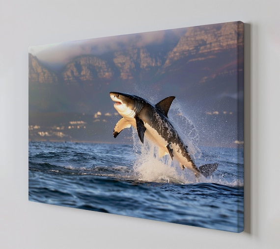 Shark Breach Print Large Seascape Wall Art Home Decor For Home Or Office Handmade To Order Gift For Art Lovers