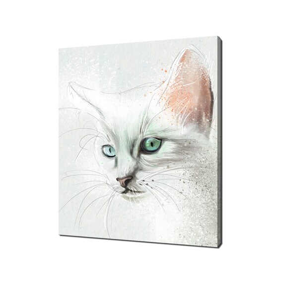 White Cat Green Eyes Delicate Sketch Watercolor Minimalist Cat Wall Art Print