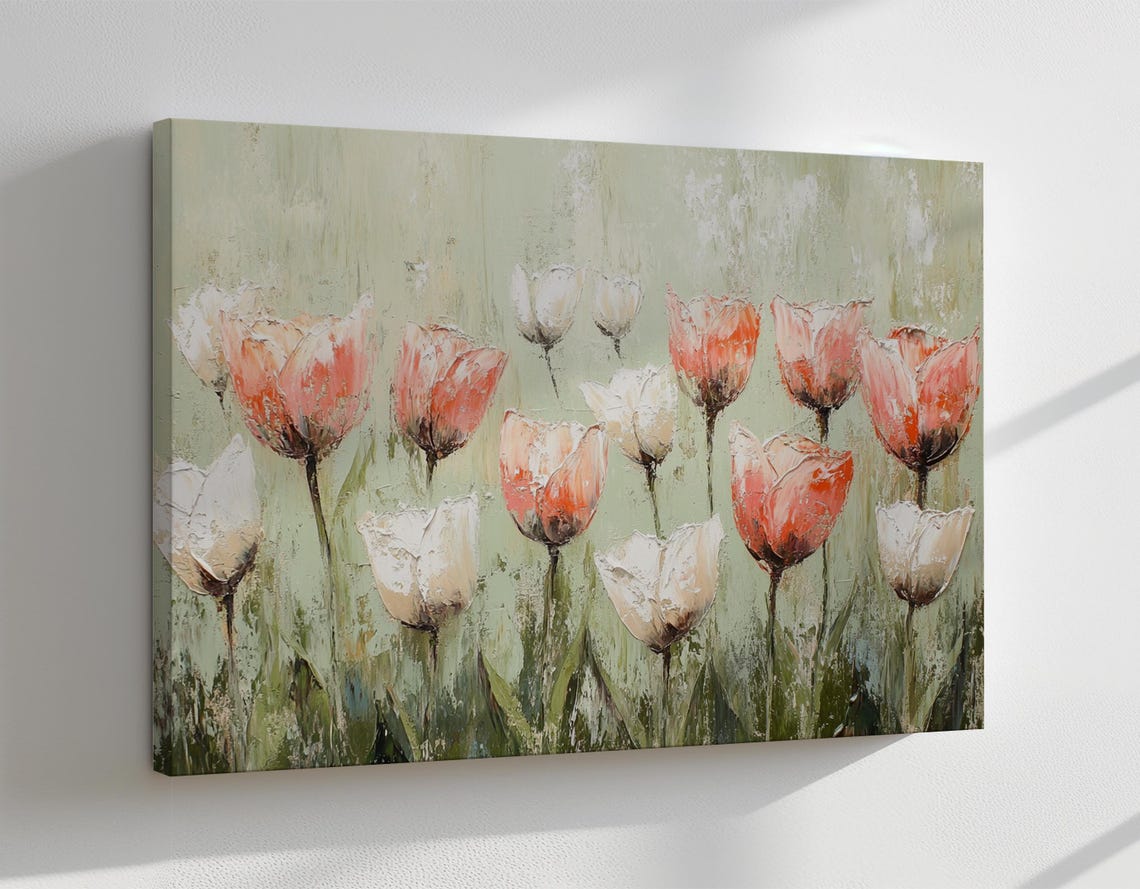 Pastel Coloured Tulips Flowers Vintage Painting Print Neutral Floral Art Print Living Room Botanical Wall Art Farmhouse Decor Art - Image 4