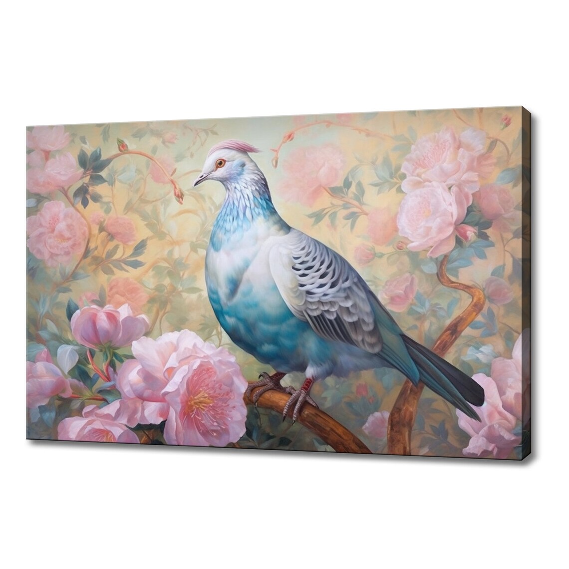 Blue Crested Dove Among Pink Peonies Soft Pastel Bird Art Poster