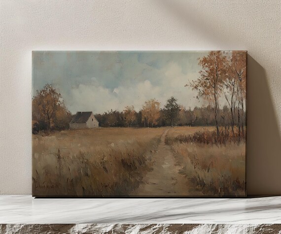 Little Cottage Autumn Landscape Vintage Painting Print Countryside Moody Print Living Room Wall Art Farmhouse Decor Art