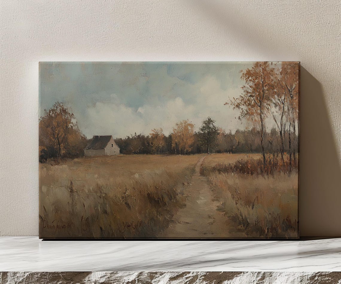 Little Cottage Autumn Landscape Vintage Painting Print Countryside Moody Print Living Room Wall Art Farmhouse Decor Art