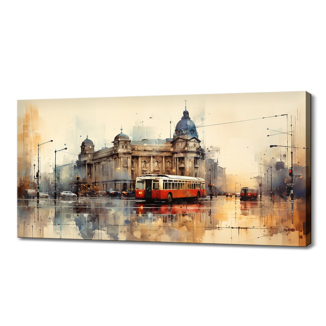 Bucharest Romania Red Tram Historic Street Watercolor Travel Poster