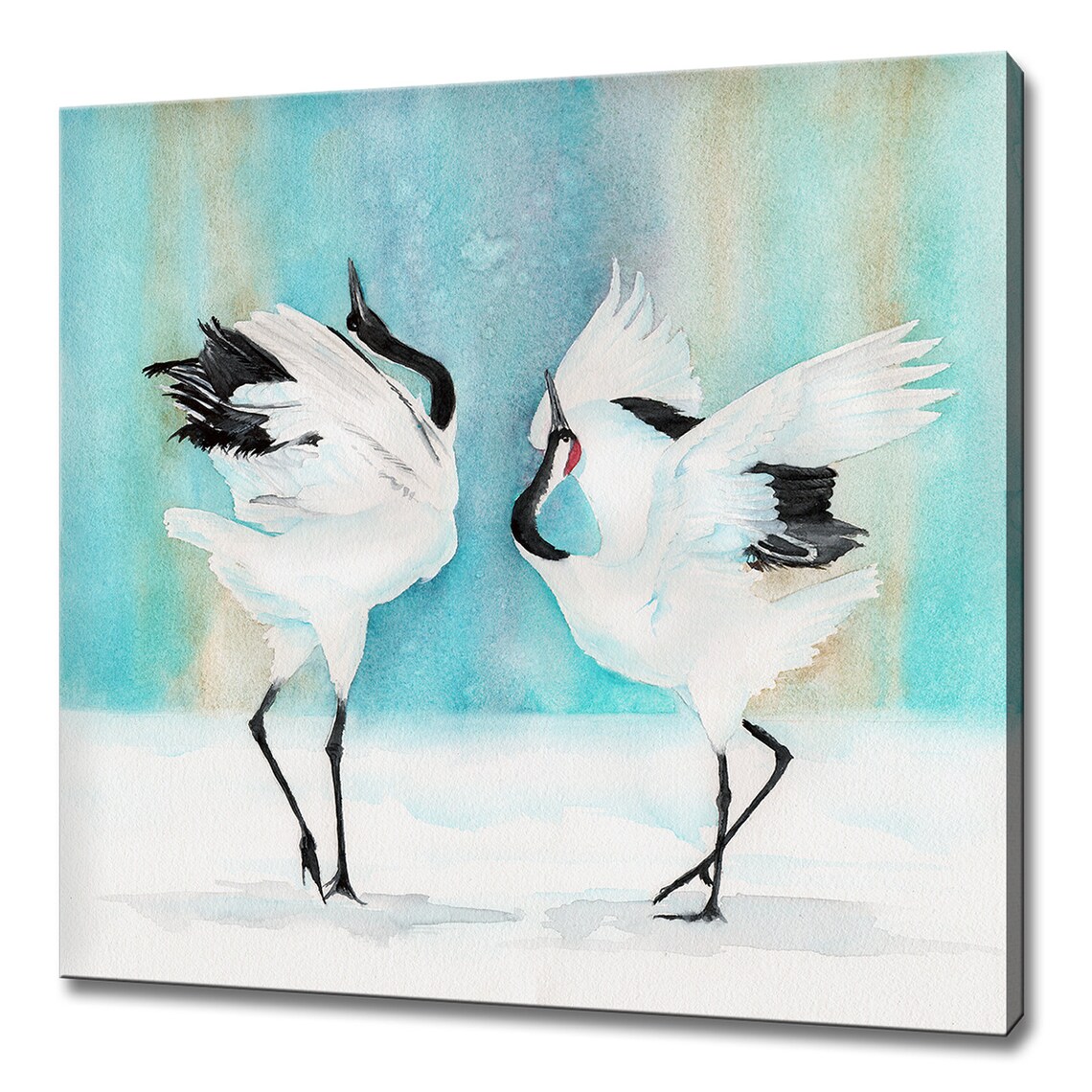 Red Crowned Cranes Dancing Watercolour Japanese Bird Art Poster