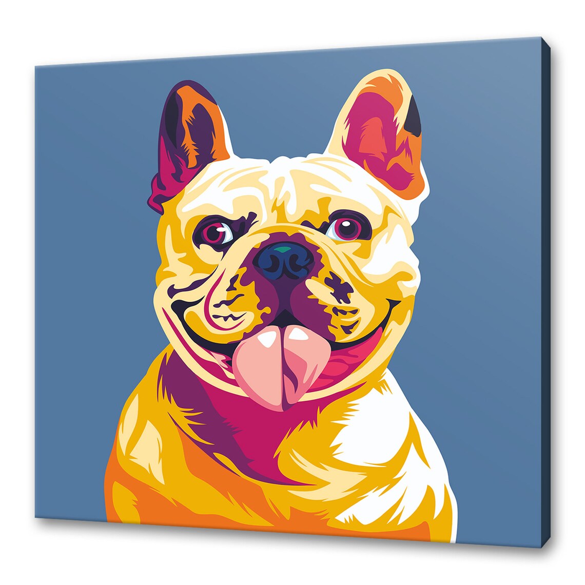Happy French Bulldog Tongue Out Pop Art Yellow Blue Fun Poster