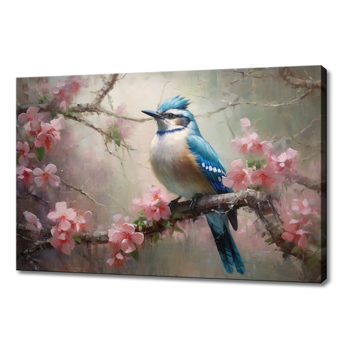 Blue Jay Bird Pink Cherry Blossom Branch Muted Spring Wall Art Poster