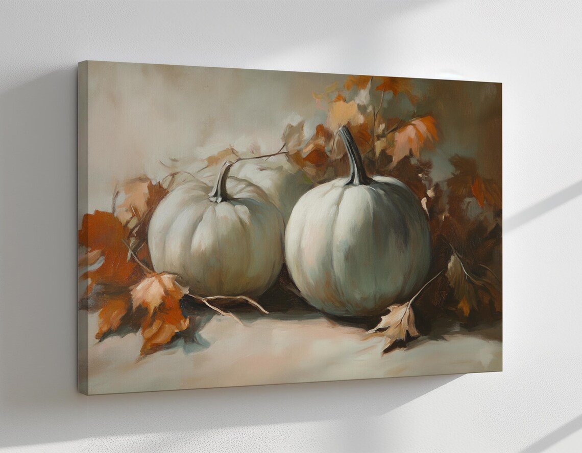 White Pumpkins Autumn Leaves Rustic Still Life Cozy Fall Harvest Painting Poster - Image 4