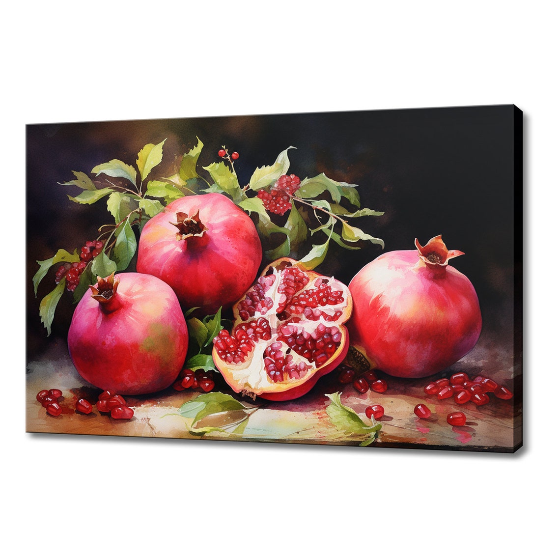 Ruby Pomegranates Watercolor Fruit Dark Still Life Kitchen Wall Poster
