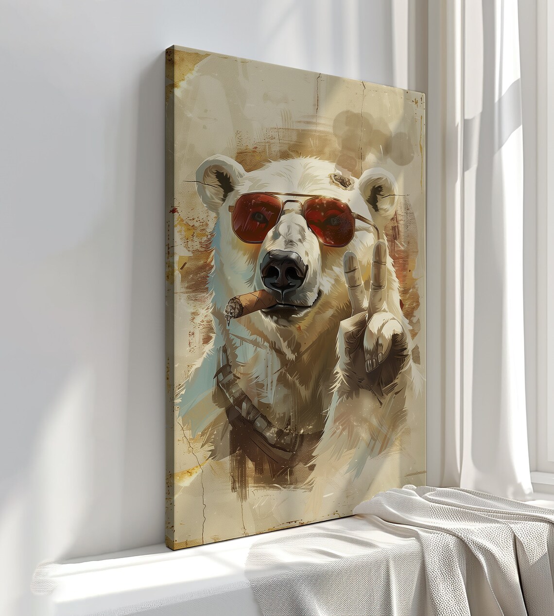 Cool Polar Bear Sunglasses Cigar Peace Sign Funny Wild Animal Wall Art Print