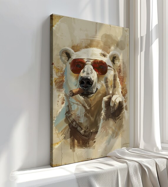 Cool Polar Bear Sunglasses Cigar Peace Sign Funny Wild Animal Wall Art Print