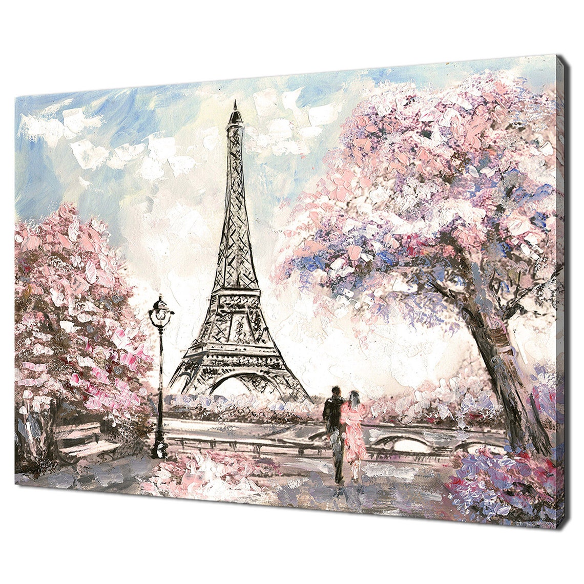 Paris France Eiffel Tower Cherry Blossoms Romantic Couple Art Poster