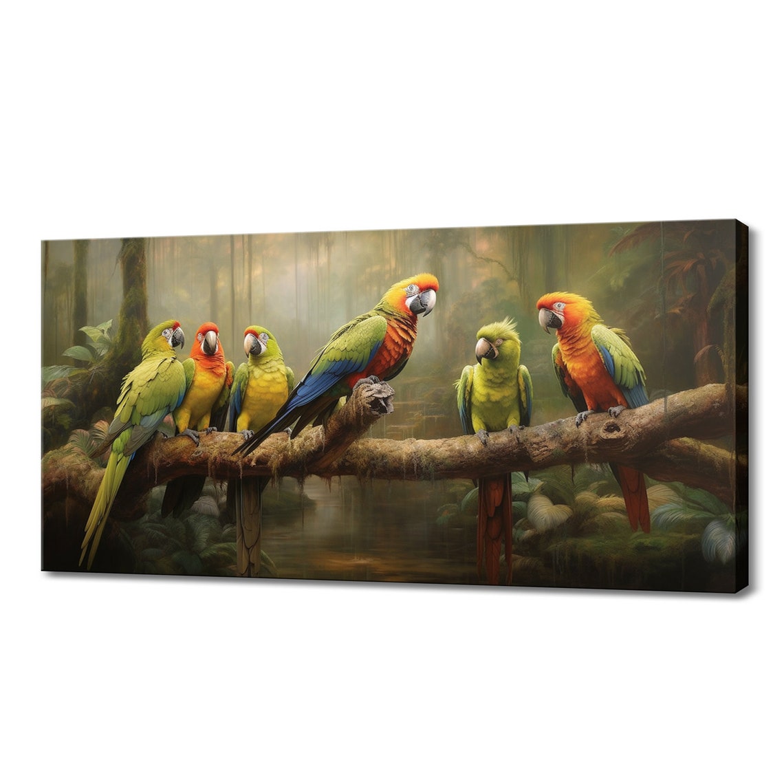 Six Colourful Parrots on Branch in Misty Rainforest Wildlife Poster