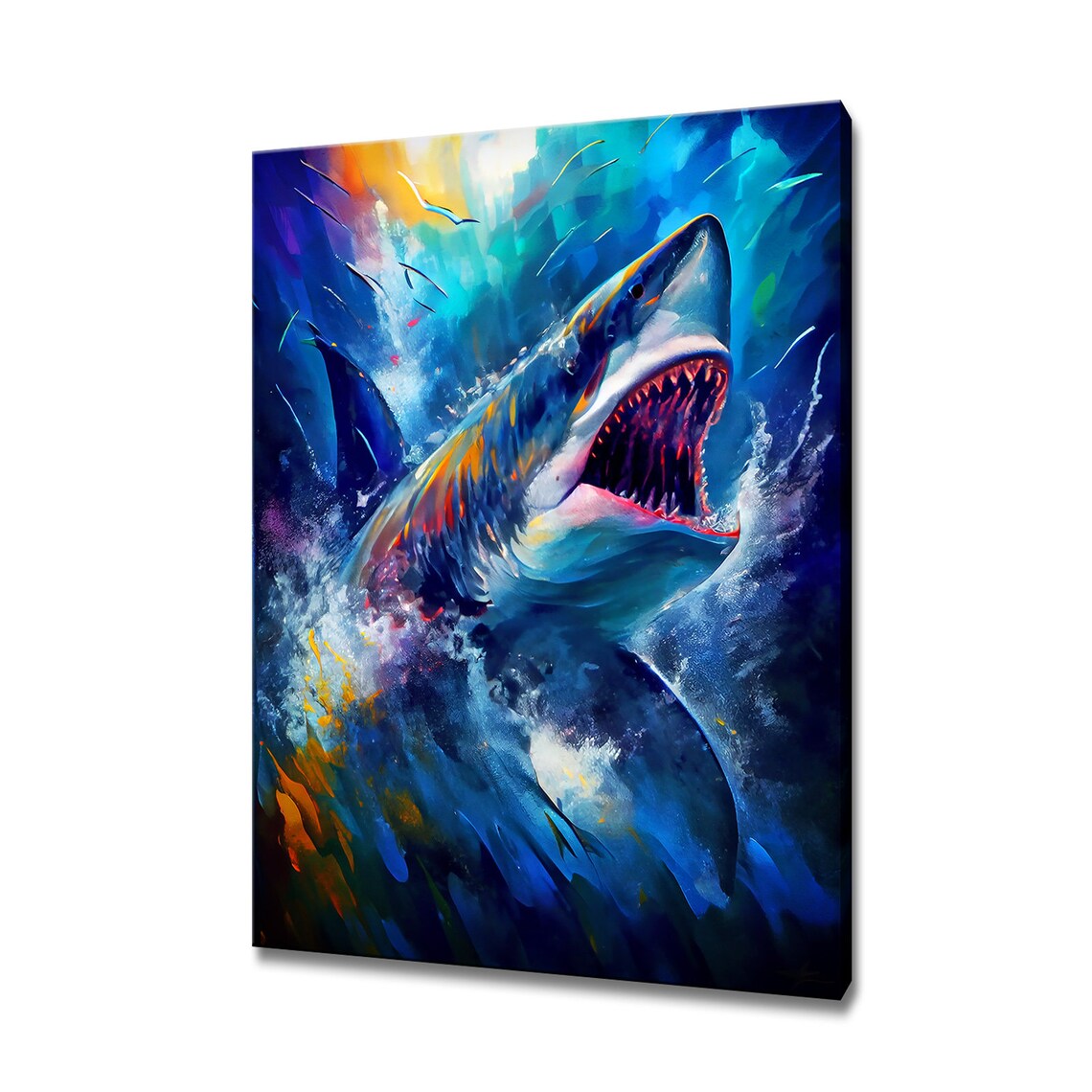 Angry Shark Colorful Painting Art Print, Ocean Decor