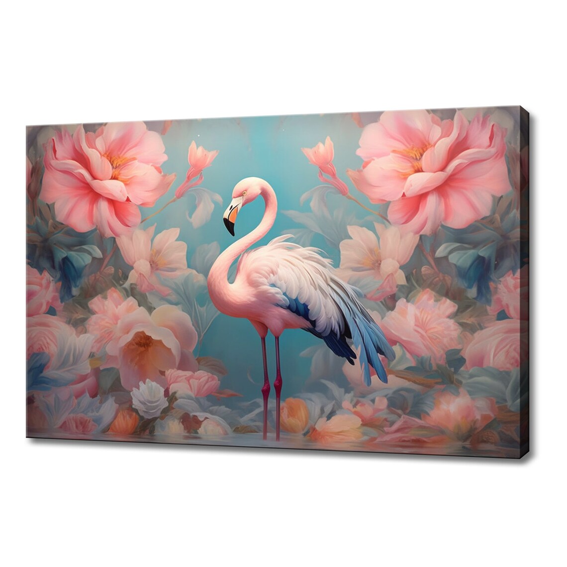 Elegant Flamingo Among Pink Blossoms Teal Background Bird Art Poster
