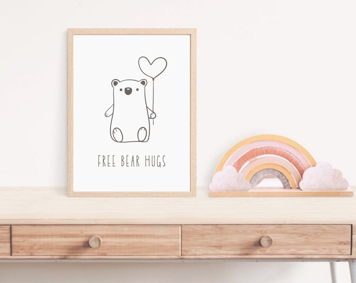 Free Bear Hugs Heart Balloon Line Drawing Kids Room Wall Art