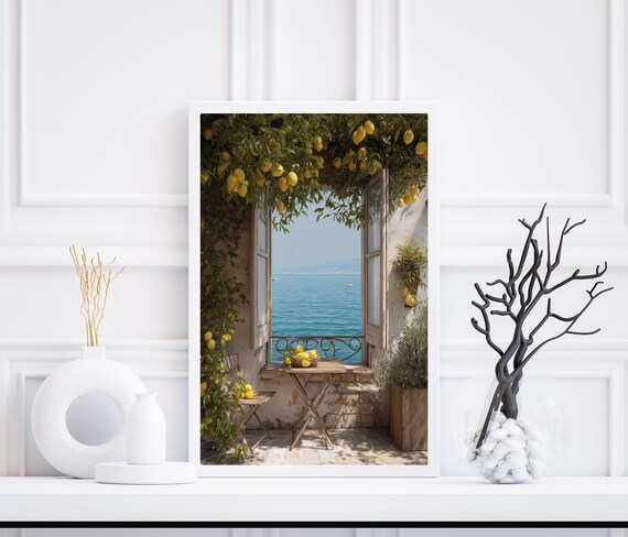 Italian Seaside Window Lemon Trees Overlooking Blue Sea Poster