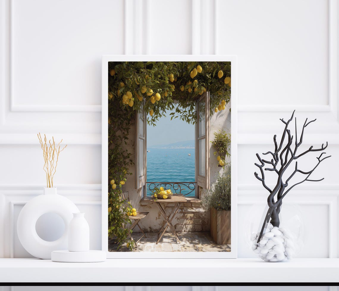 Italian Seaside Window View Print Coastal Lemon Tree Art
