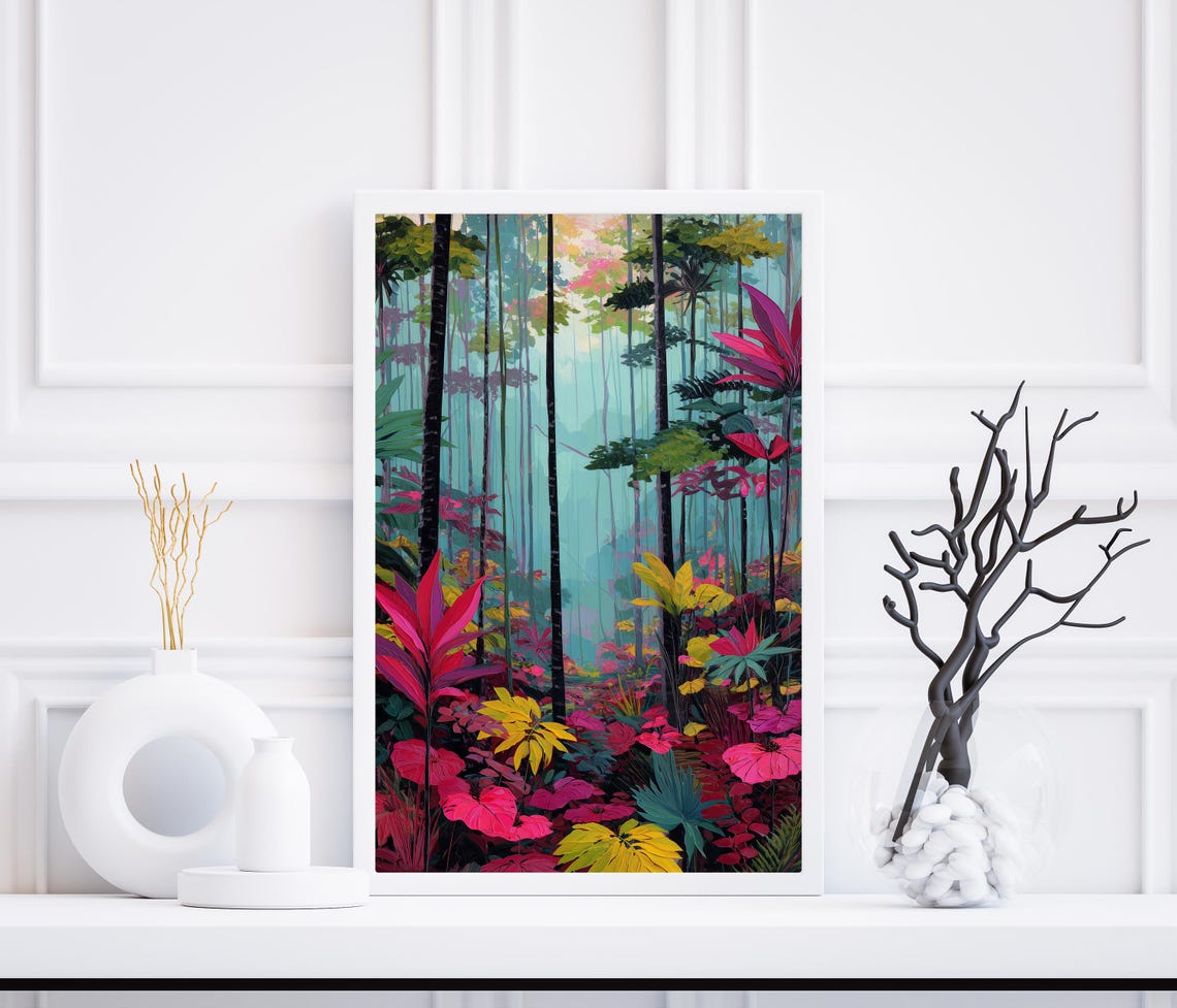 Vivid Tropical Rainforest Jungle Wall Poster With Magenta Pink Foliage