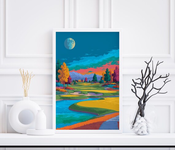 Colorful Moonlit Golf Course Landscape Wall Poster With Sunset Fairway