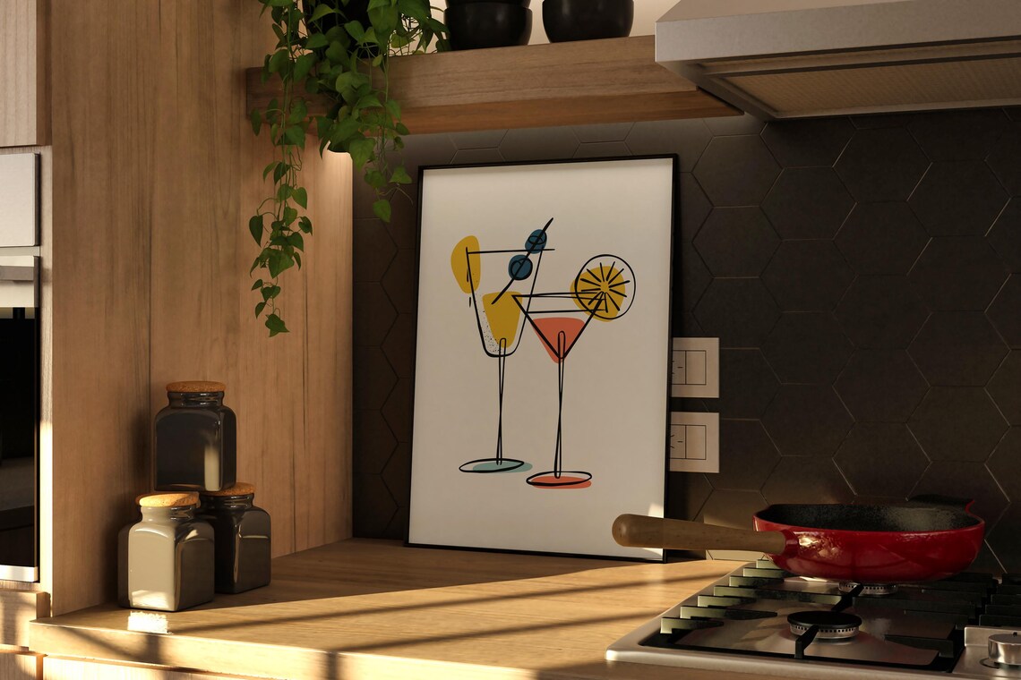 Classic Midcentury Modern Two Cocktail Glasses Retro Bar Cart Print