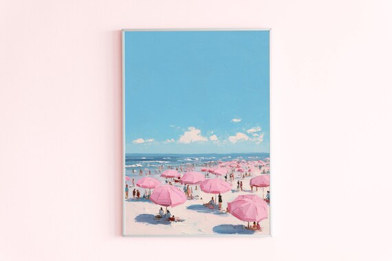 Pink Beach Umbrellas Impressionist Summer Seaside Scene Poster