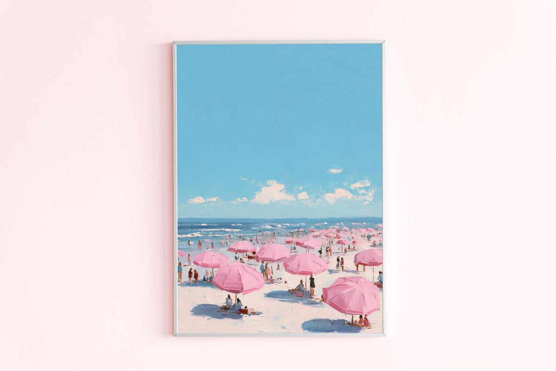 Pink Beach Umbrellas Impressionist Summer Seaside Scene Poster