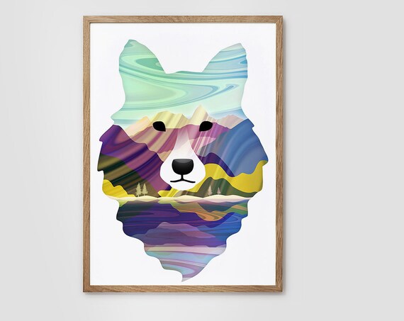 Wolf Head Double Exposure Colorful Mountain Landscape Art Poster