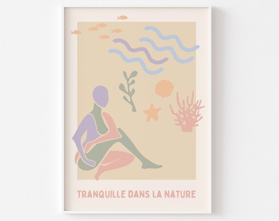 Pastel Abstract Matisse Inspired Tranquil Nature Print Beach Ocean Peaceful Nature Pastel Retro Calm Poster French Exhibition Figure