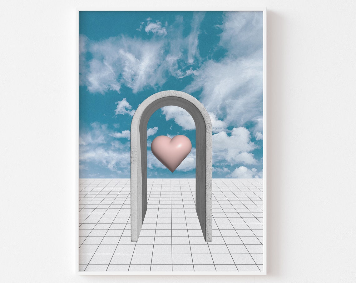 Surreal Dreamy Arch Pink Heart Blue Sky 3D Ethereal Art Poster