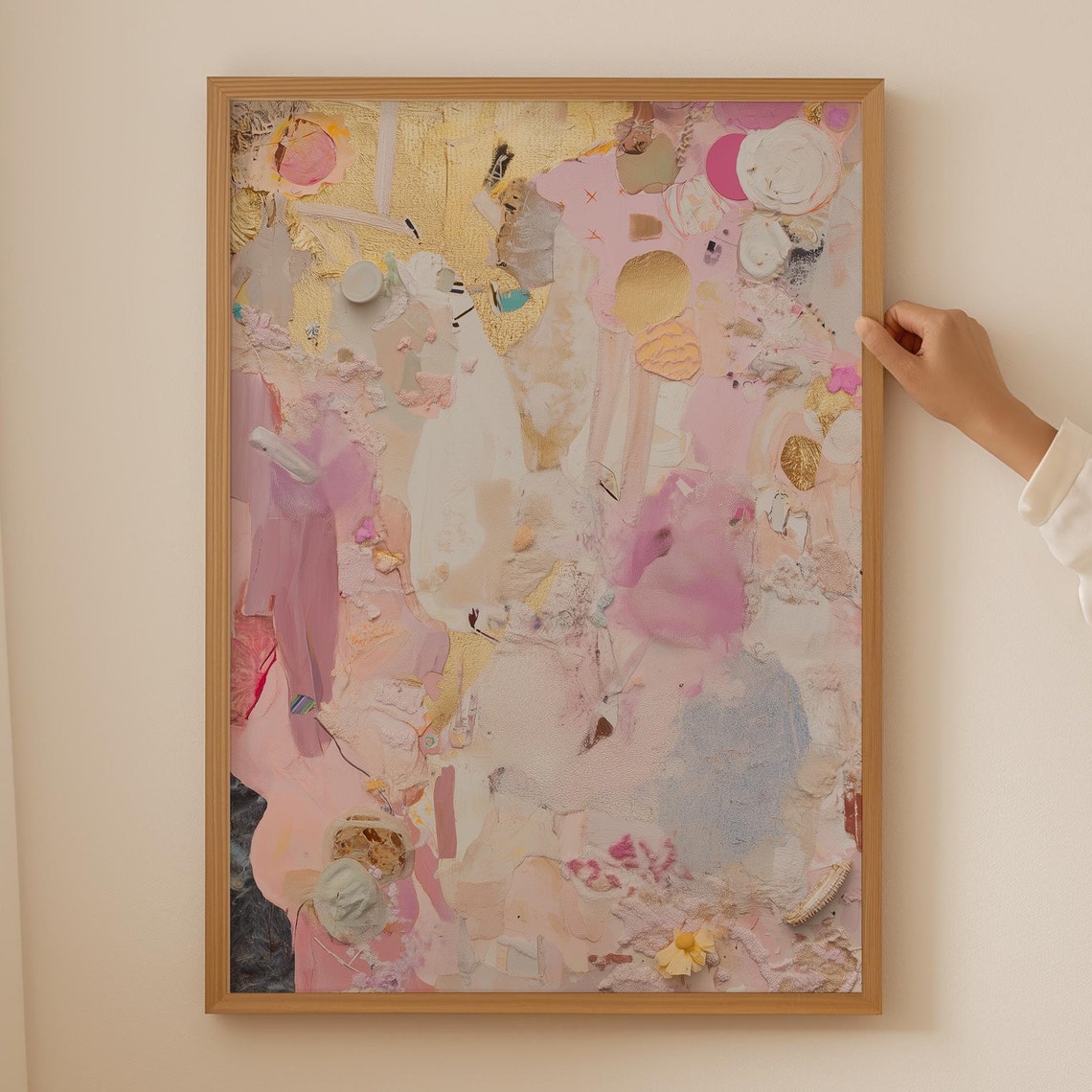Dreamy Pink Gold Pastel Collage Textured Abstract Feminine Wall Poster