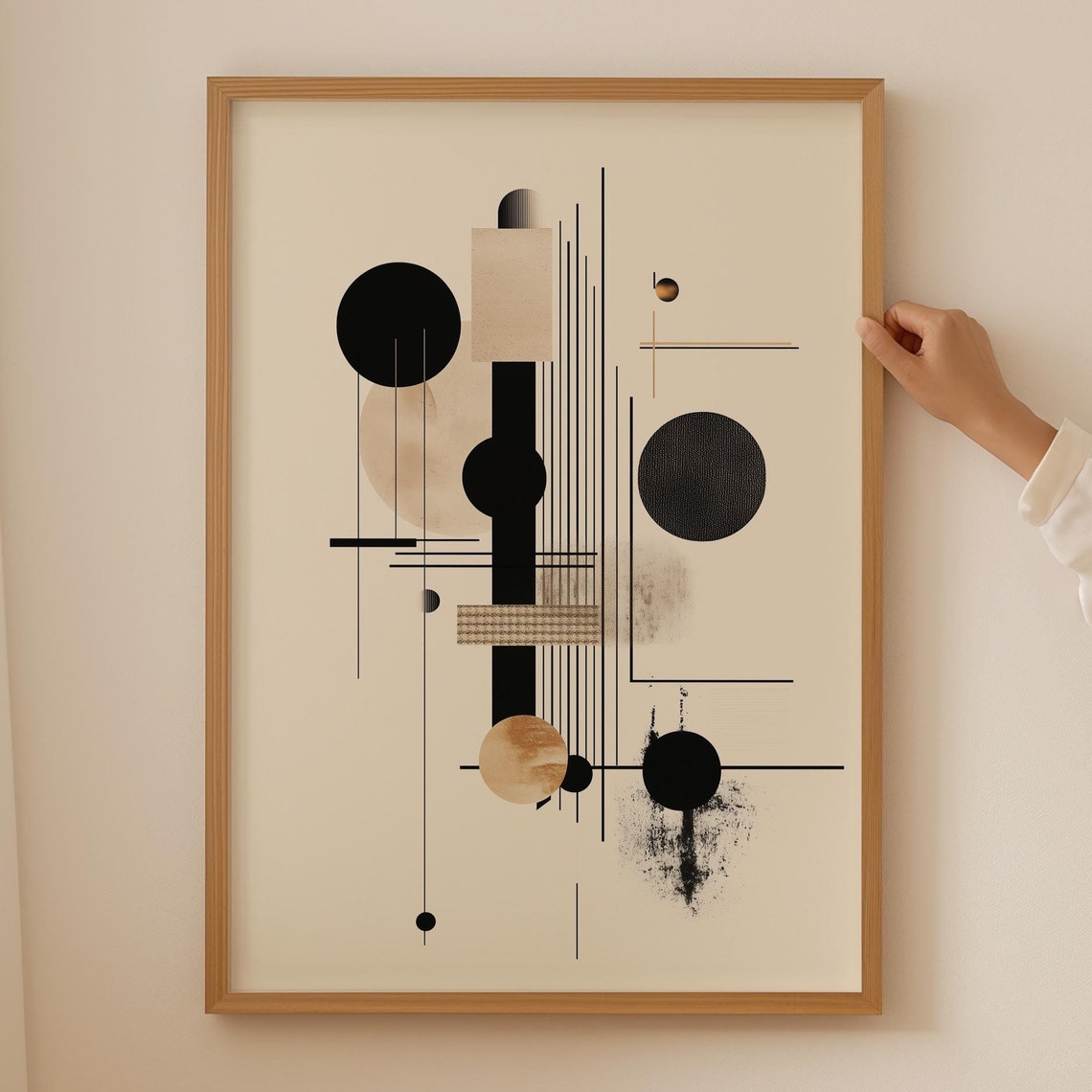 Black Beige Geometric Bauhaus Abstract Circle Line Modern Poster
