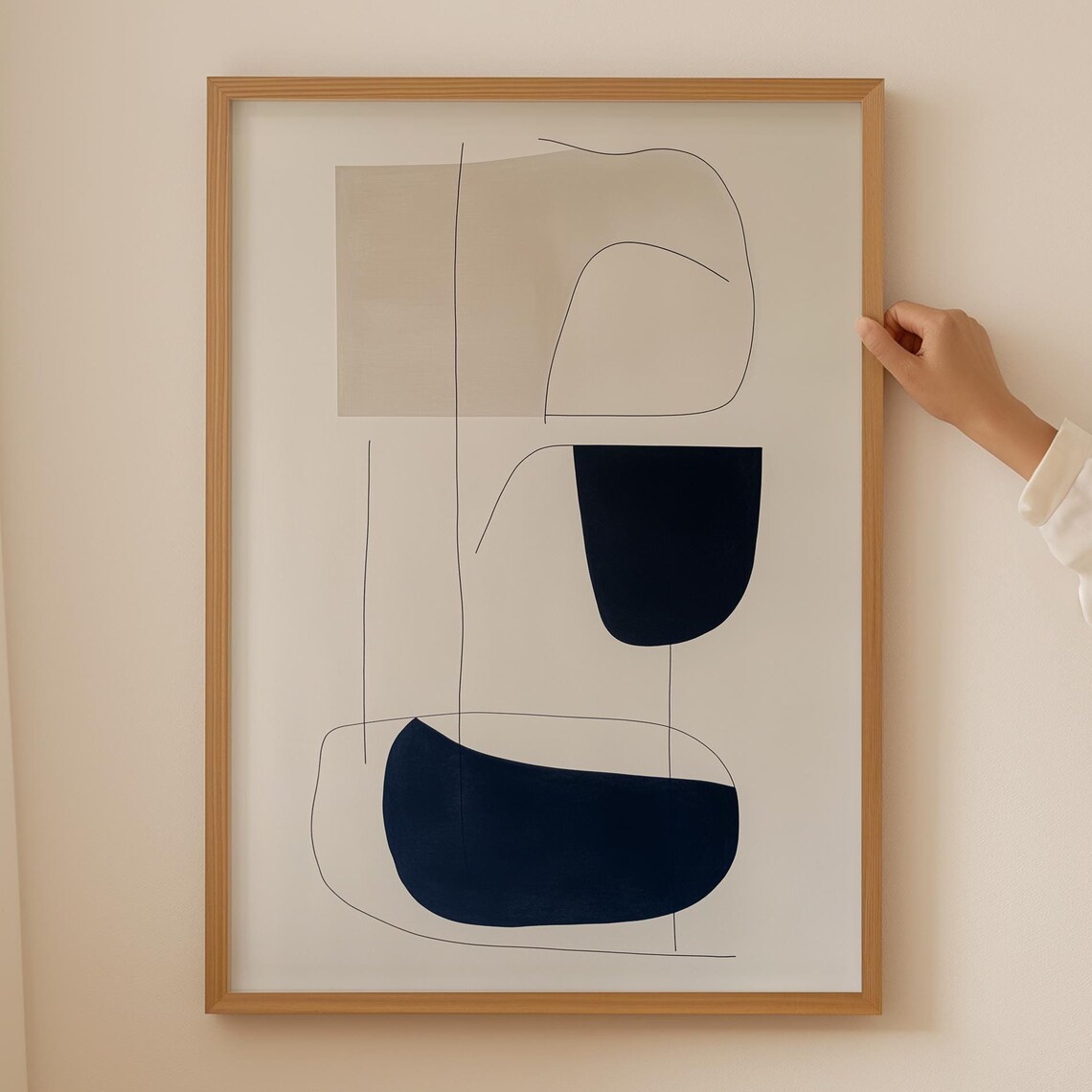 Minimal Line Art Abstract Curved Beige Black Shapes Decor Poster