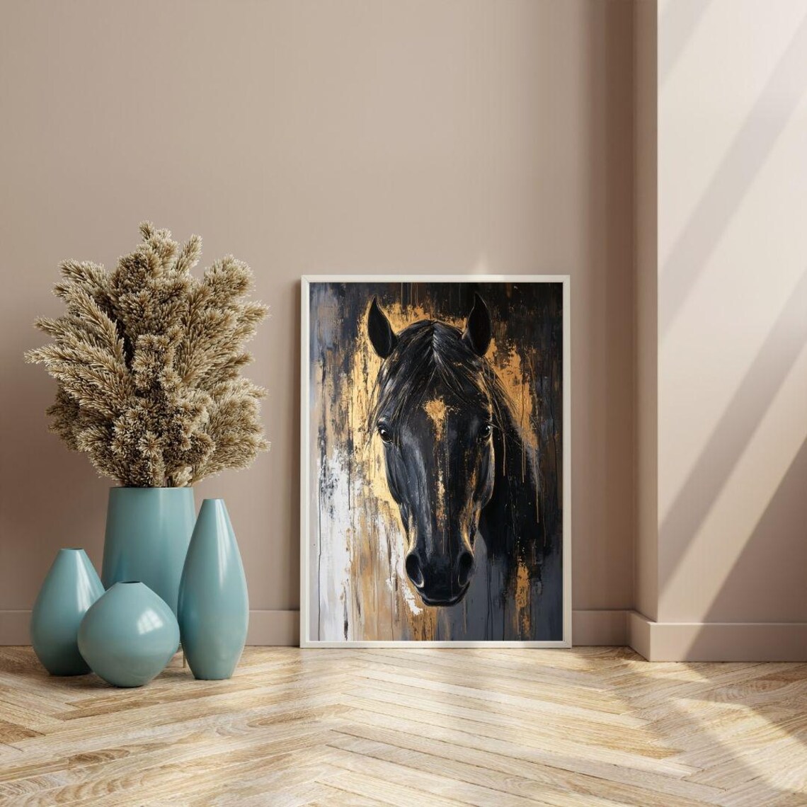 Black Stallion Portrait Gold Abstract Majestic Equestrian Art Poster - Image 3