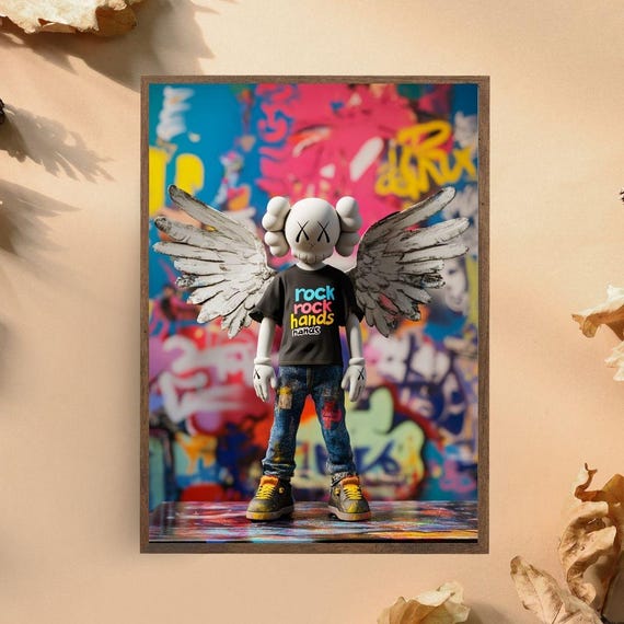 Street Art Graffiti Figure With Wings Print Bold Urban Art Decor Pop Culture Character Illustration For Modern Spaces