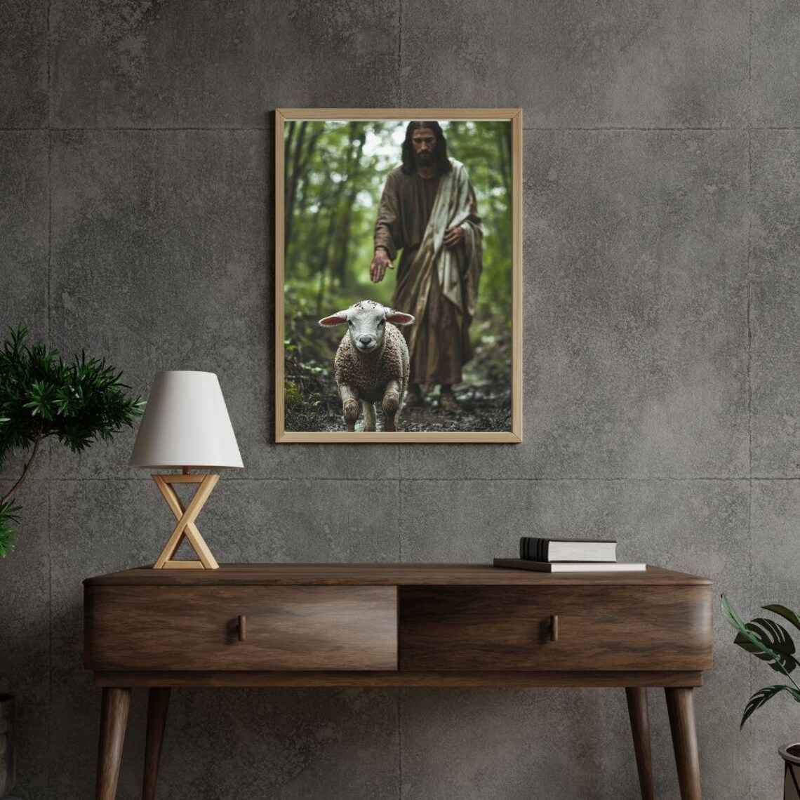 Jesus And Lamb Forest Print Gentle Shepherd Christian Faith Wall Art Poster - Image 2
