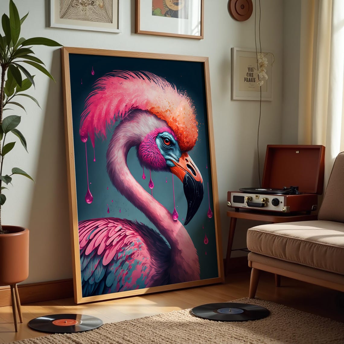 Flamingo Portrait Bold Abstract Dripping Paint Tropical Art Poster