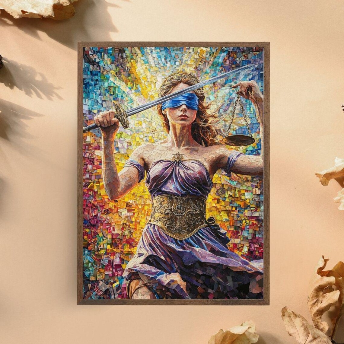 Colorful Mosaic Lady Justice With Sword Scales Mythology Goddess Wall Poster