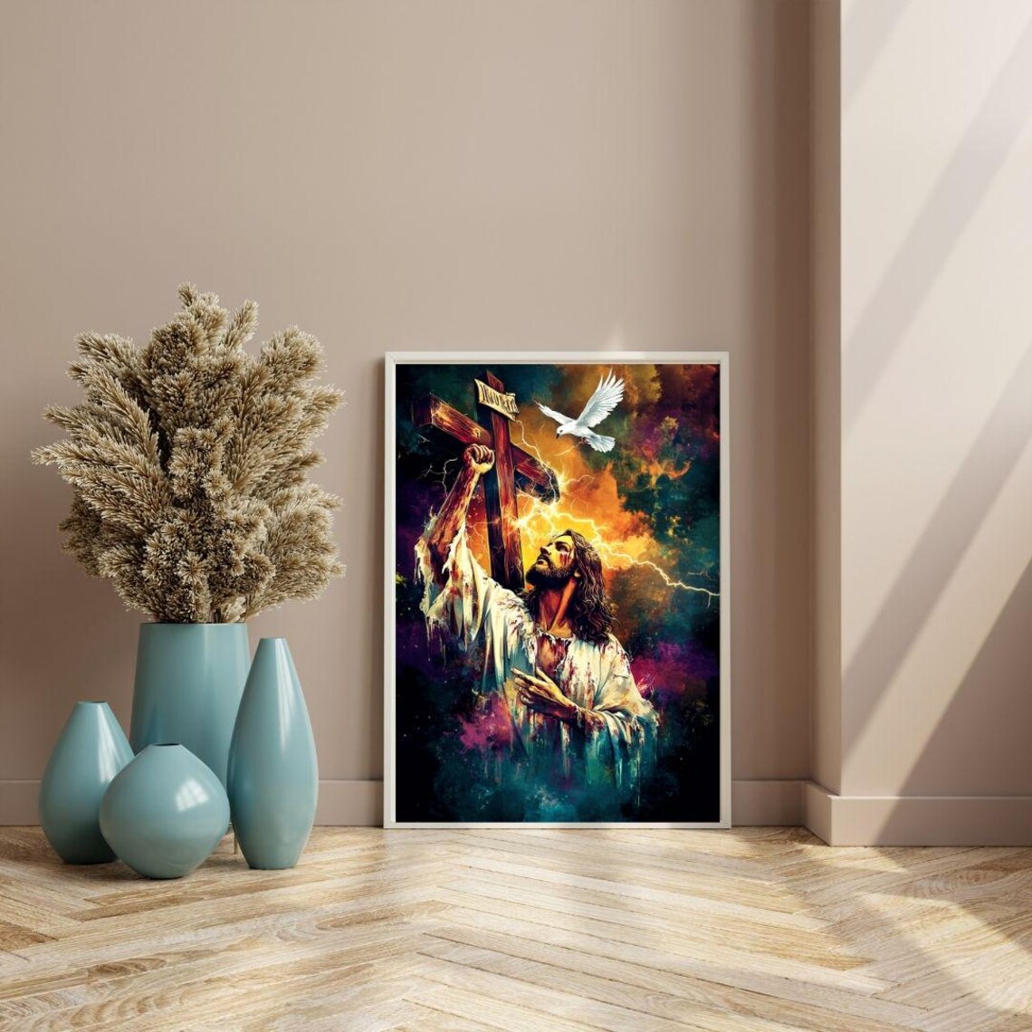 Jesus Christ Carrying The Cross With Dove Vibrant Christian Faith Wall Poster - Image 3